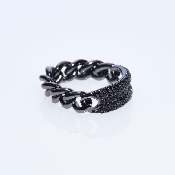 GUNMETAL ARTICULATED CUBAN CHAIN LINK ID RING WITH BLACK MICRO CZs SIGNED NWT - Picture 2 of 6